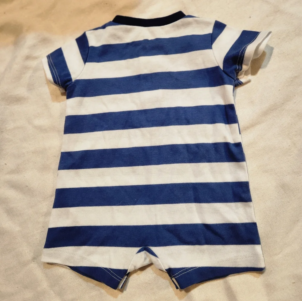 Little Me Baby Boy Striped Henley Romper Puppy Dog Blue White 3M